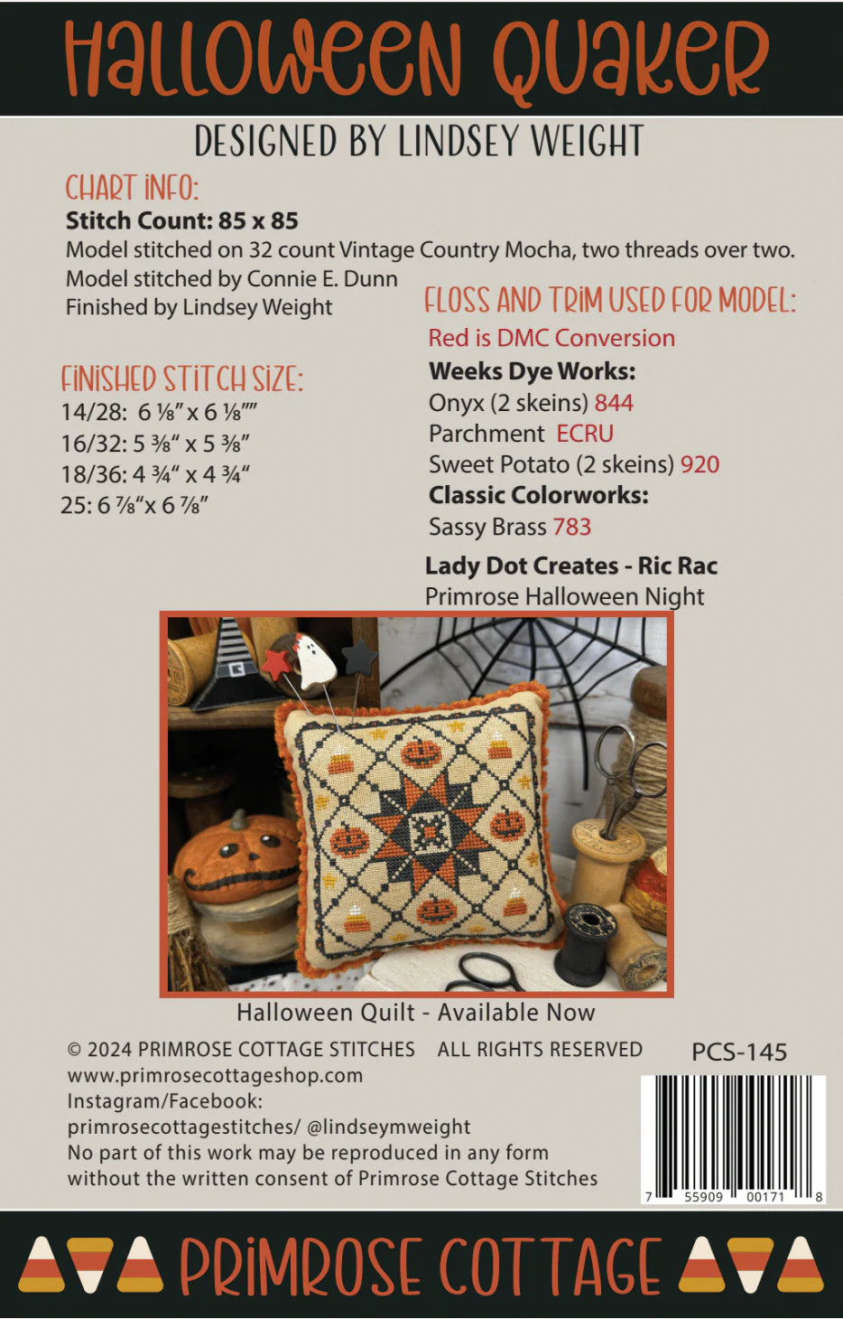 Halloween Quaker – Cross Stitch Pattern by Lindsey Weight of Primrose Cottage Stitches (Paper Pattern) - Small Town Fabric Co.