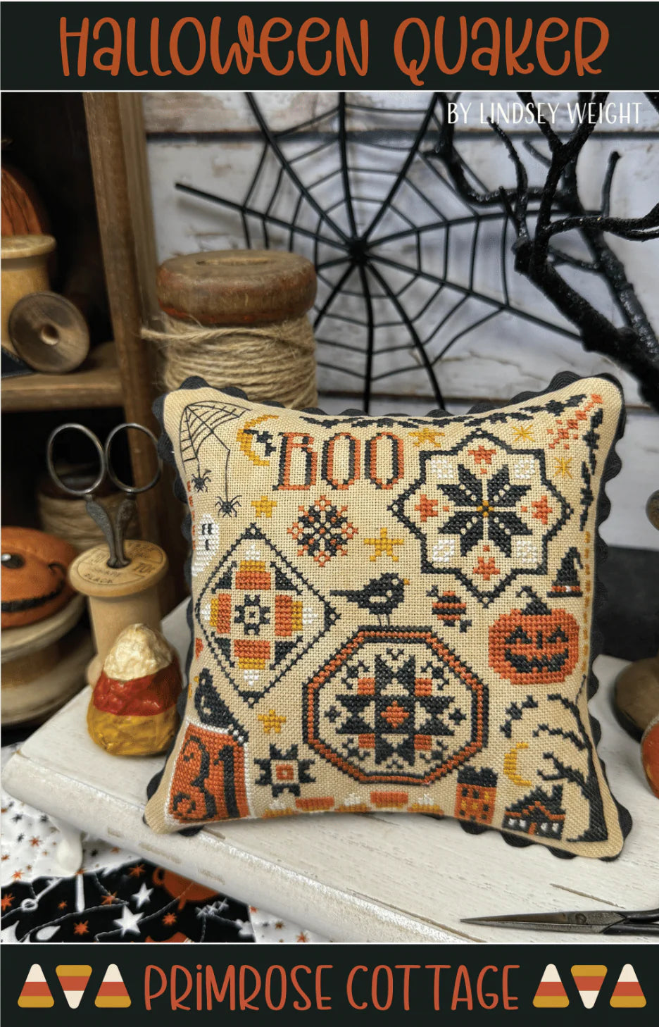 Halloween Quaker – Cross Stitch Pattern by Lindsey Weight of Primrose Cottage Stitches (Paper Pattern) - Small Town Fabric Co.