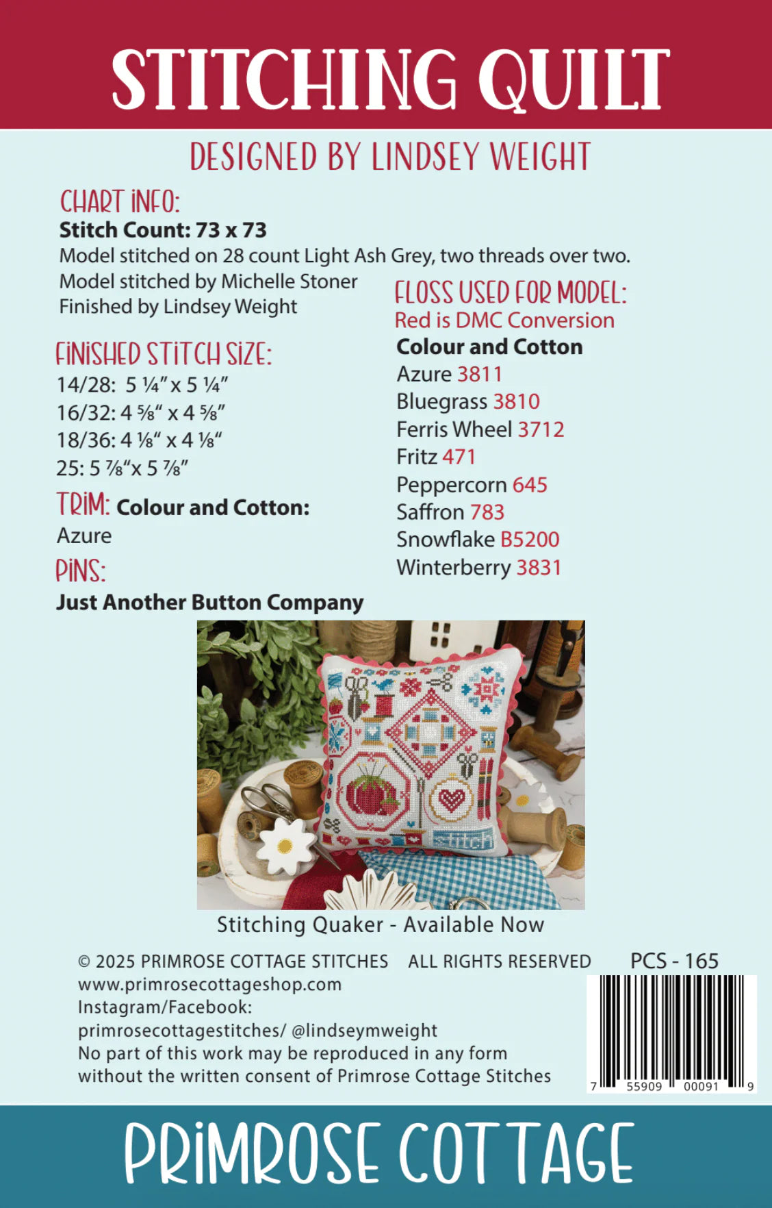Stitching Quilt Cross Stitch by Lindsey Weight of Primrose Cottage - PAPER Pattern - Small Town Fabric Co.