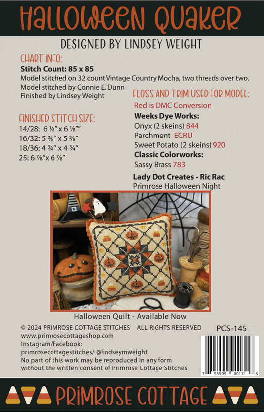 Halloween Quaker – Cross Stitch Pattern by Lindsey Weight of Primrose Cottage Stitches (Paper Pattern) - Small Town Fabric Co.