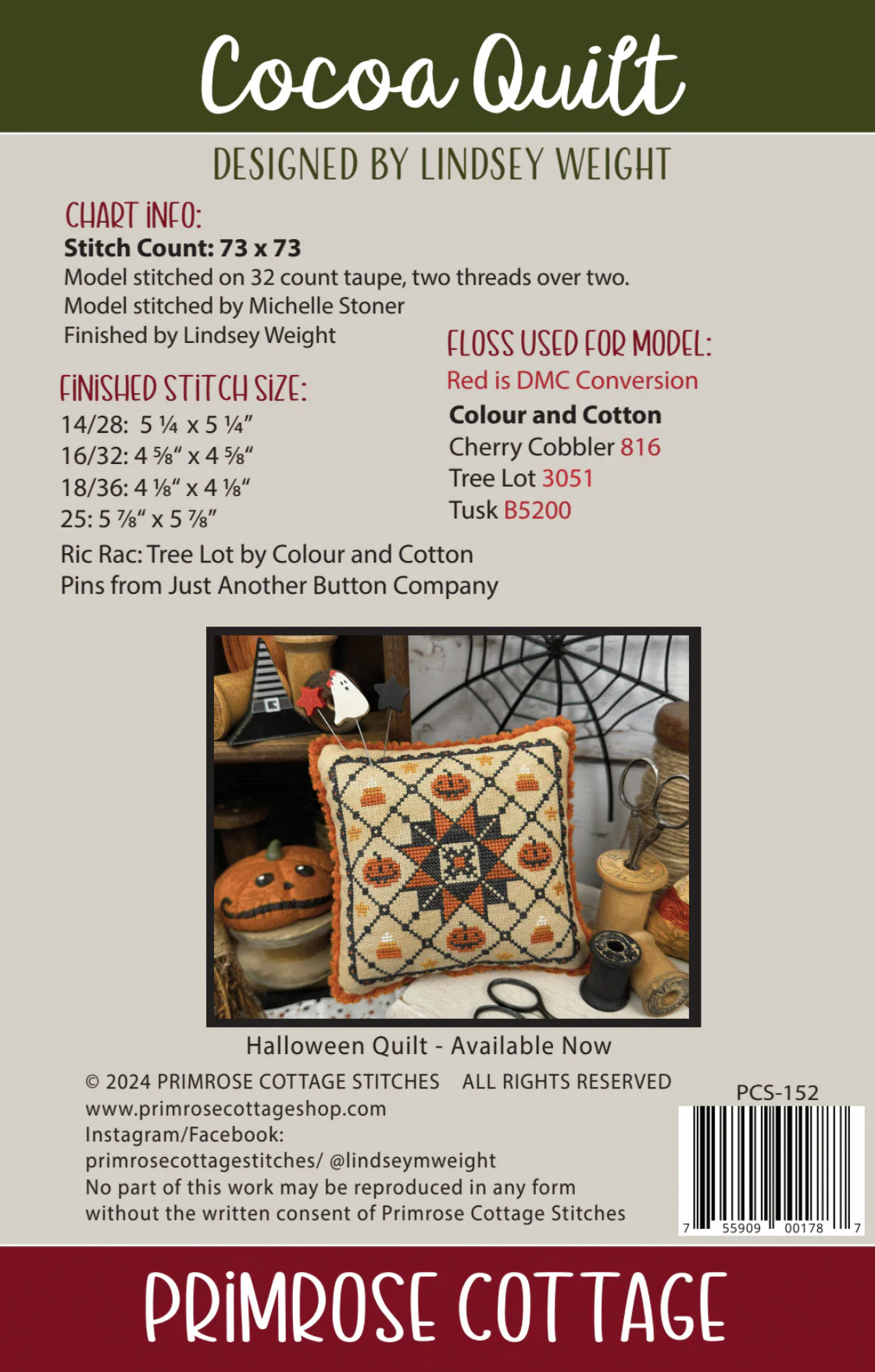 Cocoa Quilt Cross Stitch by Lindsey Weight of Primrose Cottage - PAPER Pattern - Small Town Fabric Co.