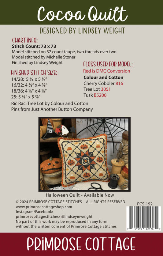 Cocoa Quilt Cross Stitch by Lindsey Weight of Primrose Cottage - PAPER Pattern - Small Town Fabric Co.