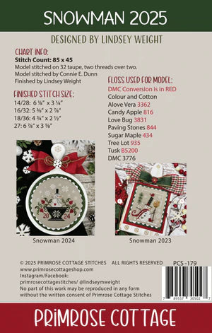 Snowman 2025 Cross Stitch by Lindsey Weight of Primrose Cottage - PAPER Pattern - Small Town Fabric Co.