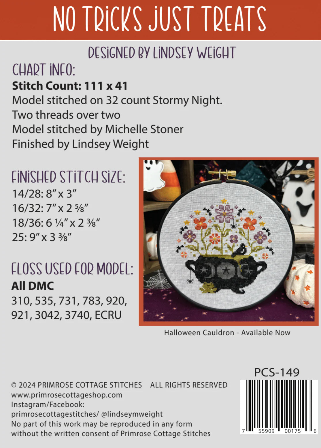 No Tricks Just Treats Cross Stitch by Lindsey Weight of Primrose Cottage Stitches - PAPER Pattern - Small Town Fabric Co.