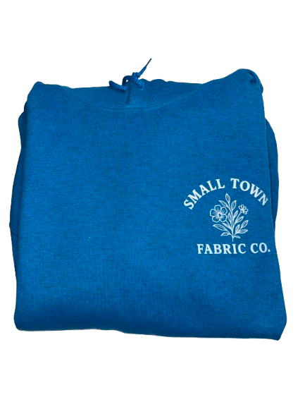 Small Town Fabric Co. Logo Hoodie – Antique Sapphire (Gildan Heavy Blend) SIZE LARGE - Small Town Fabric Co.